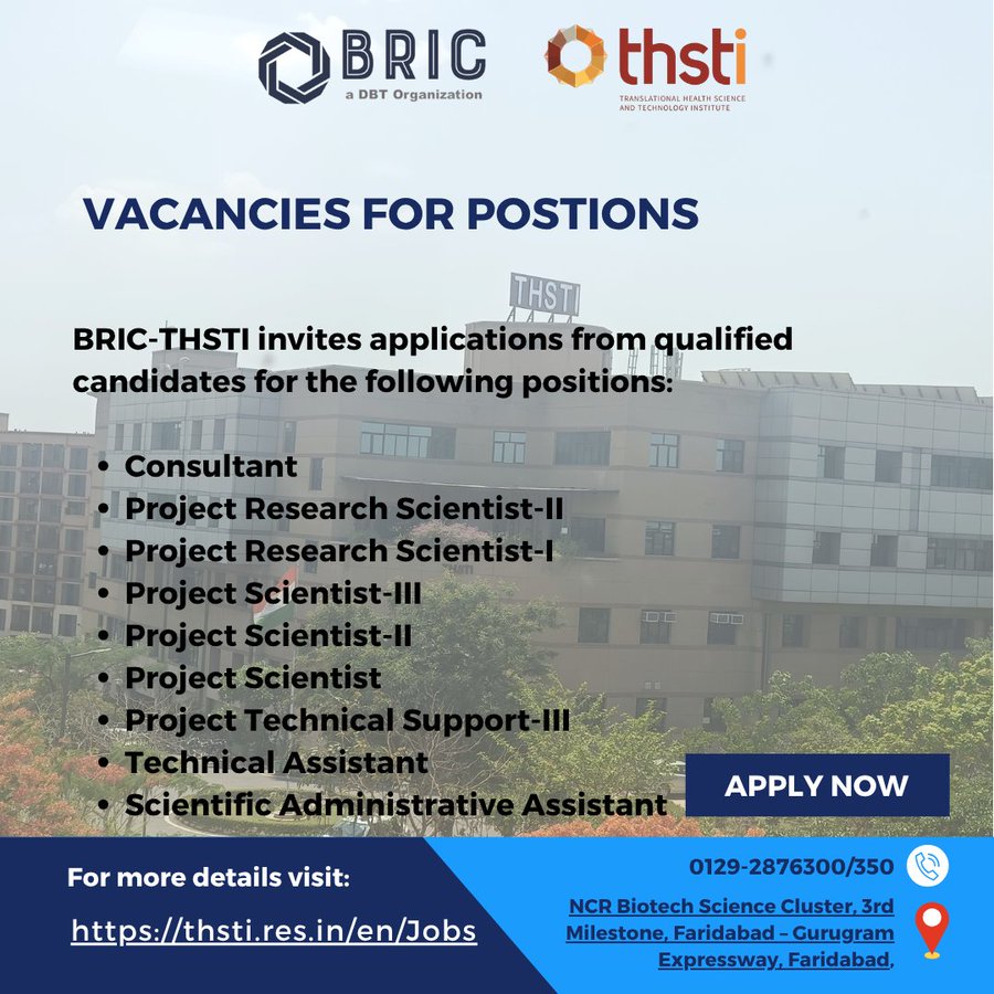 THSTI Faridabad hiring for multiple roles