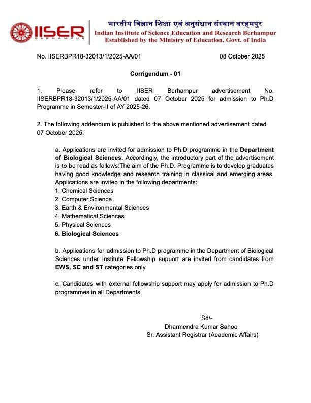 IISER Berhampur hiring PhD admission 2025-2026