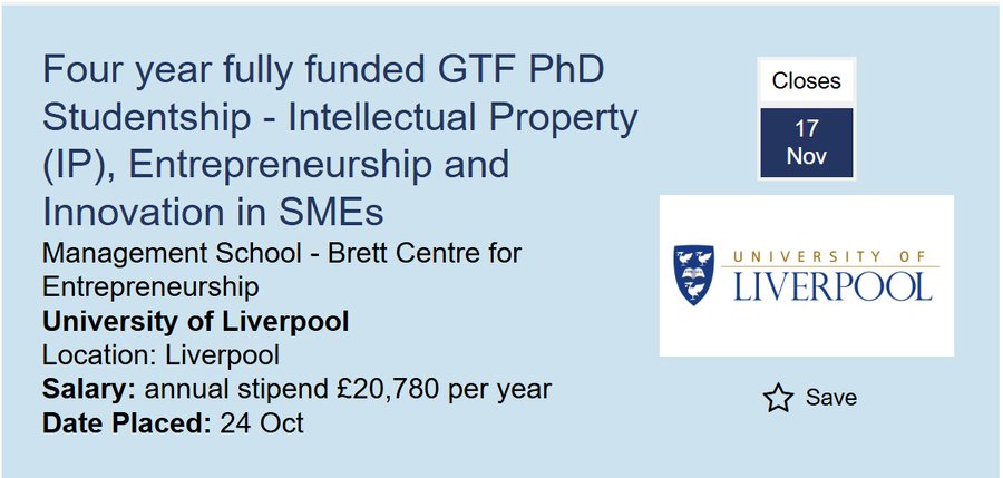 Four year fully funded GTF PhD Studentship - Intellectual Property (IP), Entrepreneurship and Innovation in SMEs