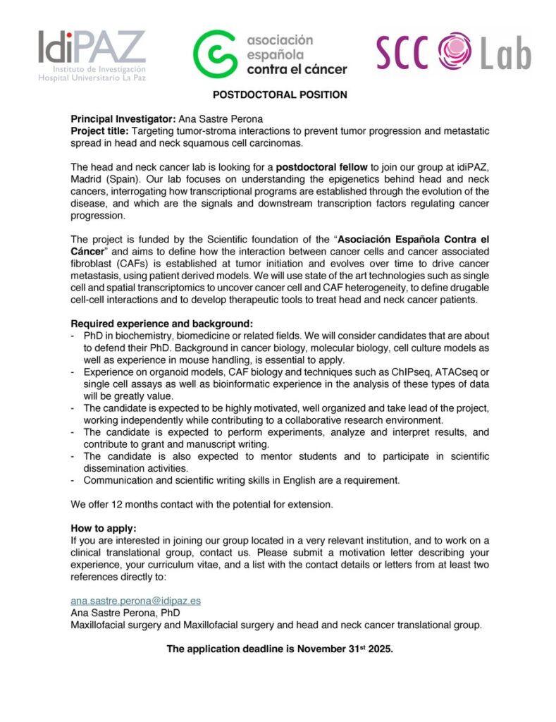 Hiring Postdoctoral candidate - SCC lab - Spain
