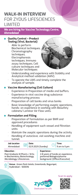 Walk-In Interview for Zydus Lifesciences Limited