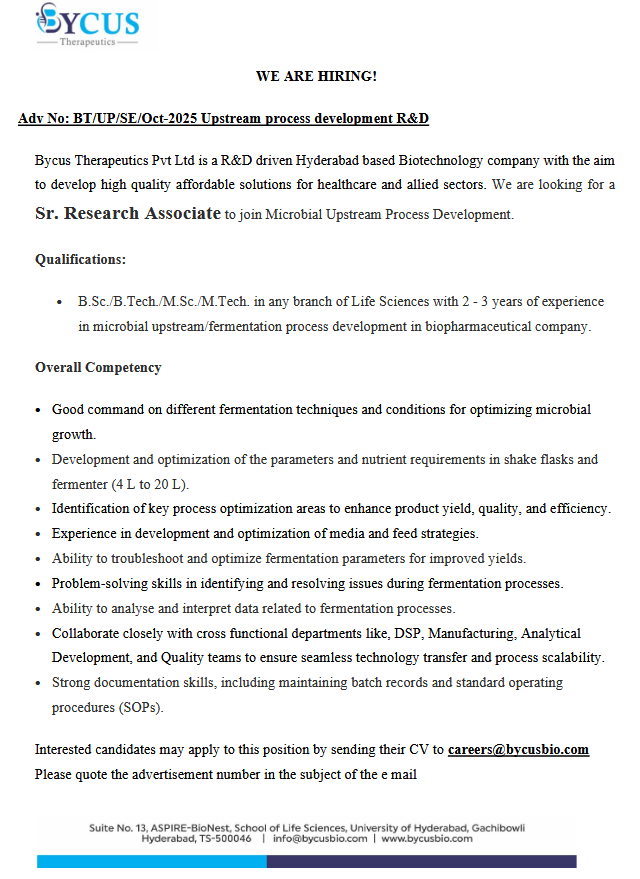 Hiring Senior Research Associate - Bycus Therapeutics - Hyderabad