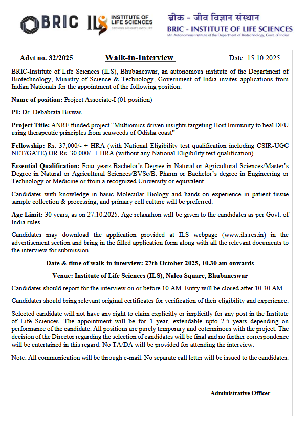 Project Associate-I at BRIC-Institute of Life Sciences