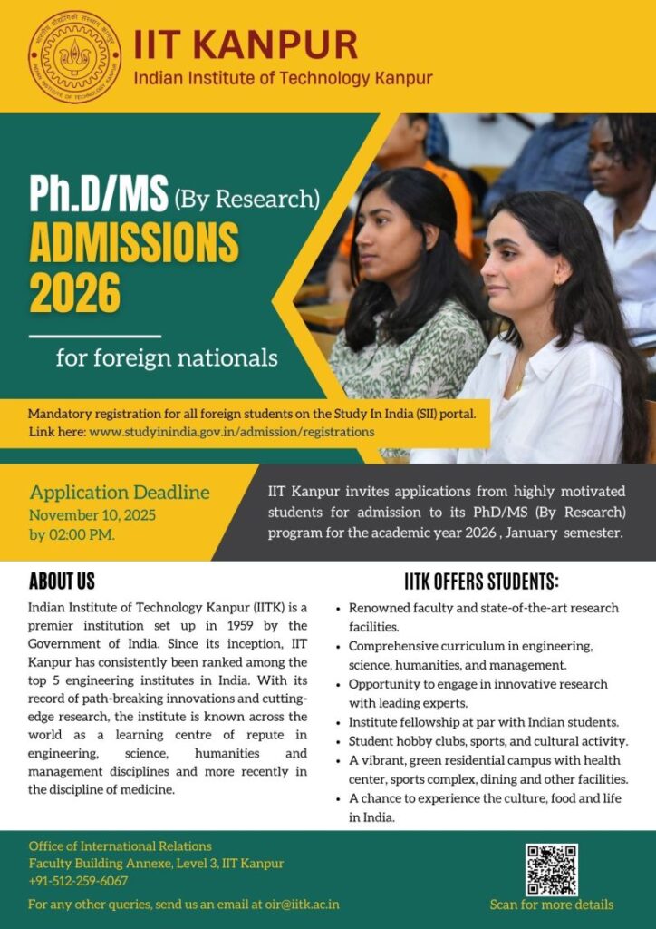 IIT Kanpur invites applications for PhD and MS Programmes - For Foreign Nationals