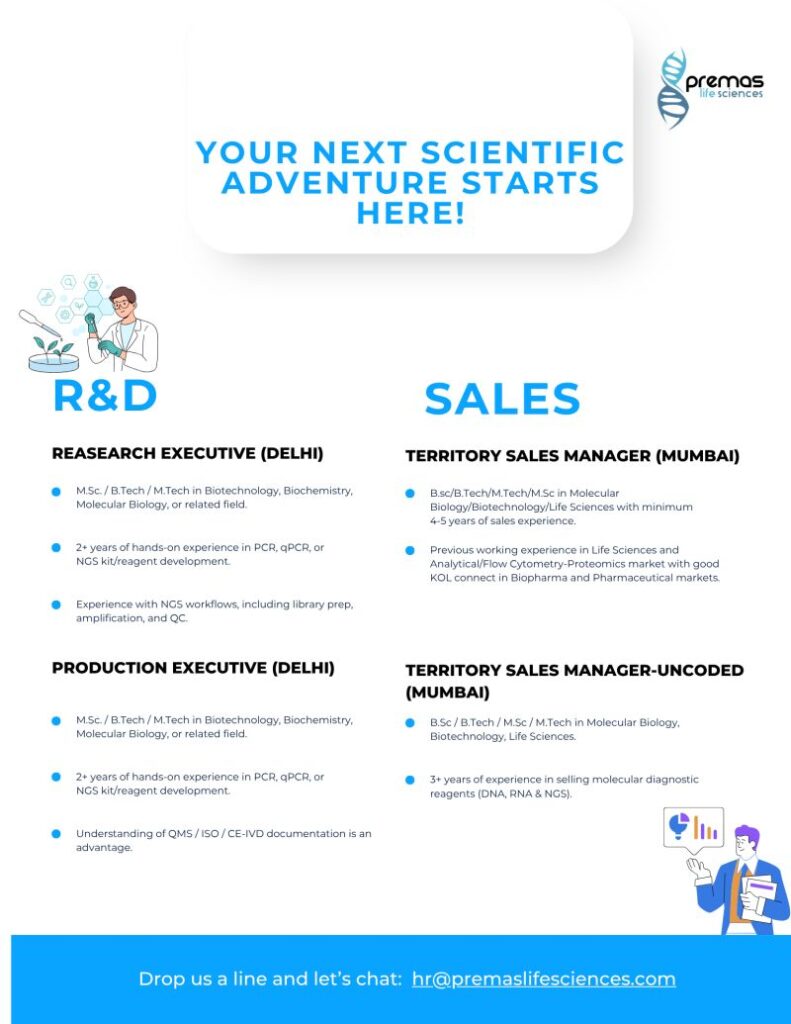 Premas Life Sciences hiring professionals in R&D and Sales