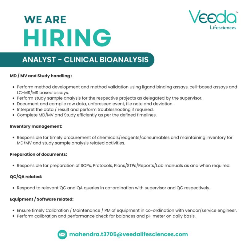 Veeda Lifesciences hiring "Analyst/Sr Analyst" - Bangalore