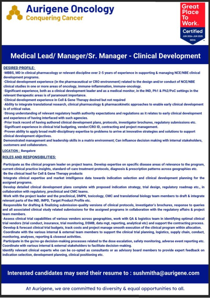 Aurigene Oncology hiring Clinical development lead