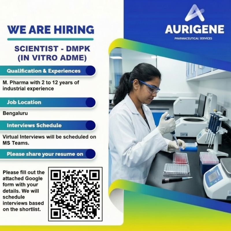 Hiring! Virtual Drive for Scientist – DMPK (In Vitro ADME)
