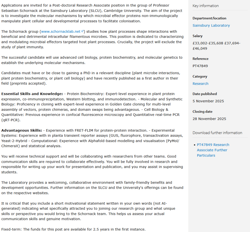 Post-doctoral Research Associate - Microbial Manipulation of Plant Processes