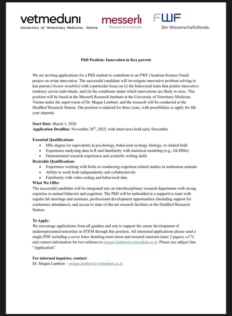 PhD - animal innovation and avian cognition