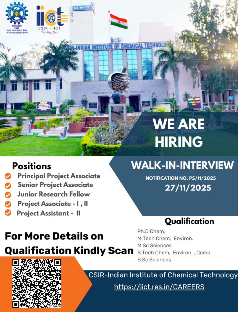 CSIR–IICT is conducting walk-in interviews for various project positions