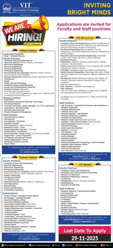 VIT hiring faculty staff