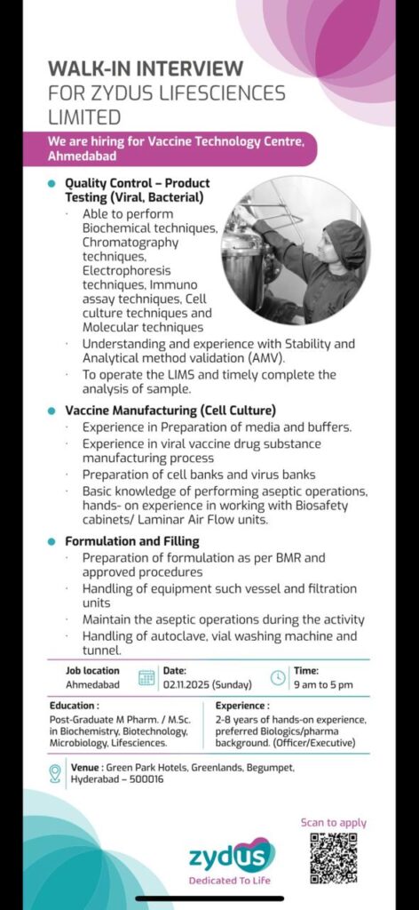 Walk-in Interview for Zydus Lifesciences Ltd - Ahmedabad