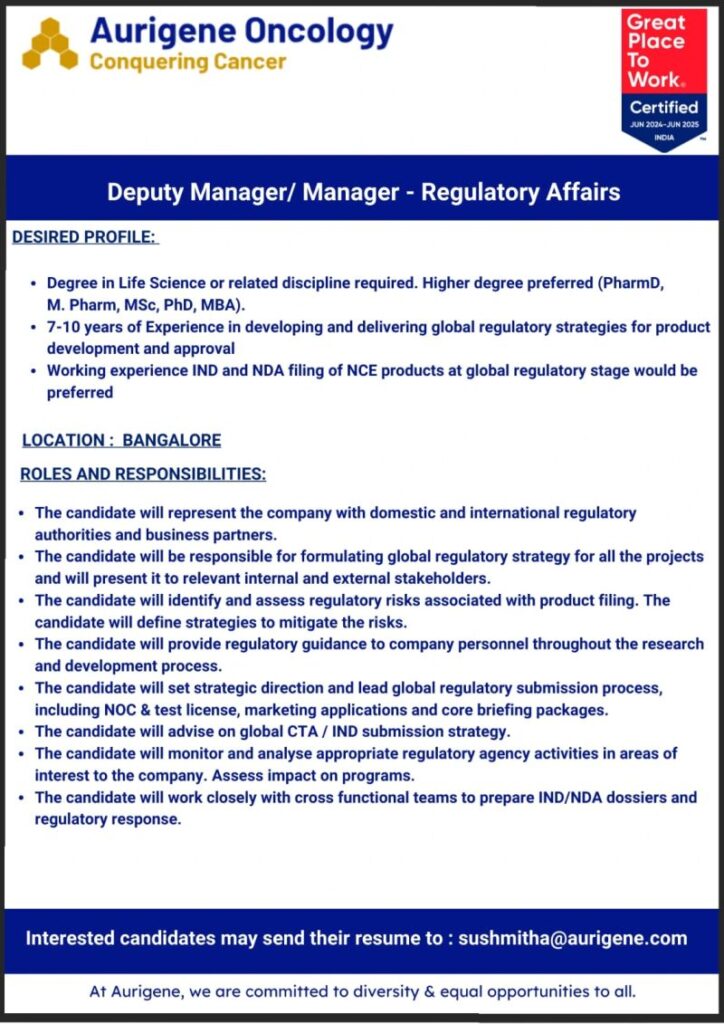 Aurigene Oncology hiring Deputy Manager/Manager - Regulatory affairs - Bangalore