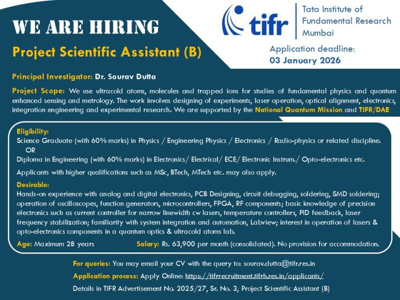 Project Scientific Assistant (B) positions in TIFR Mumbai