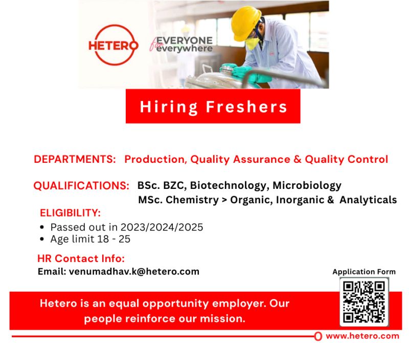 Hiring Freshers at Hetero - BSc - MSc 
