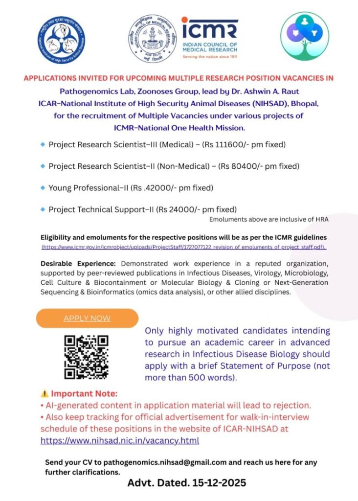 ICMR hiring for multiple research positions - Bhopal