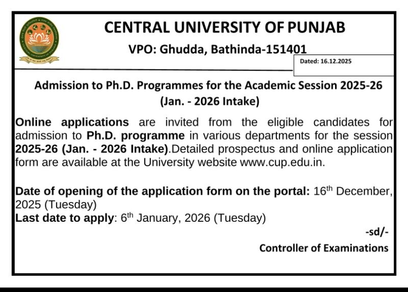 Two PhD opportunities for the January 2026 - Central University of Punjab