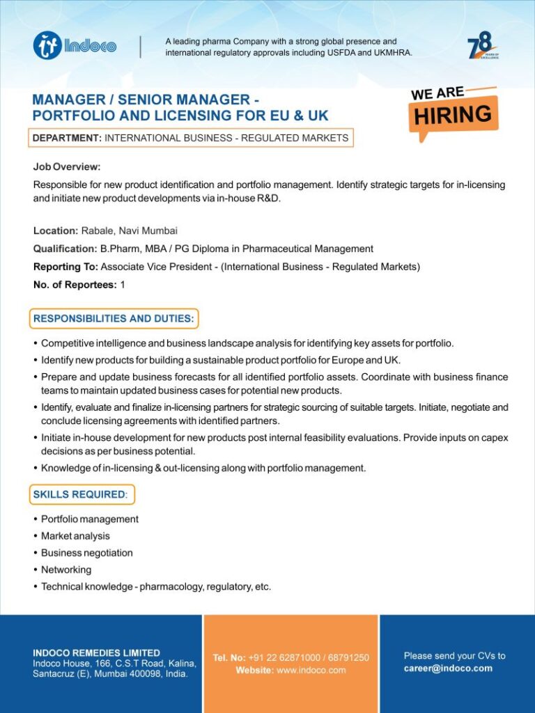 Indoco Remedies is looking for a Manager / Senior Manager – Portfolio & Licensing - Mumbai
