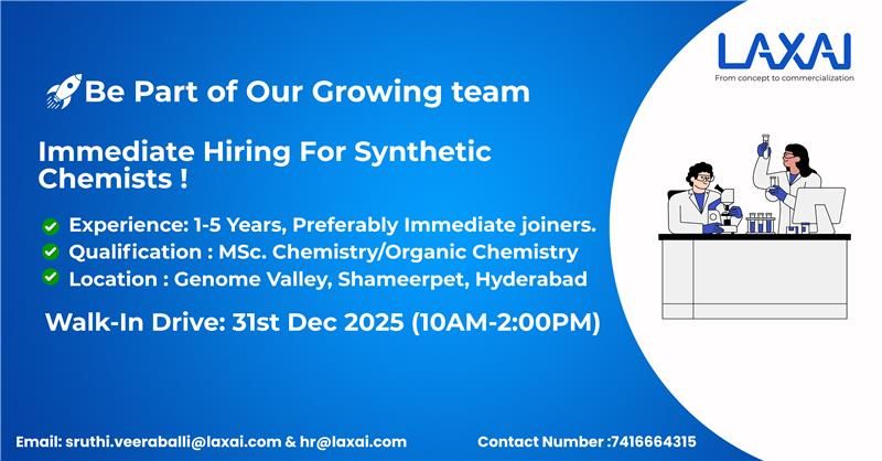 Immediate Hiring for Synthetic Chemists - Hyderabad