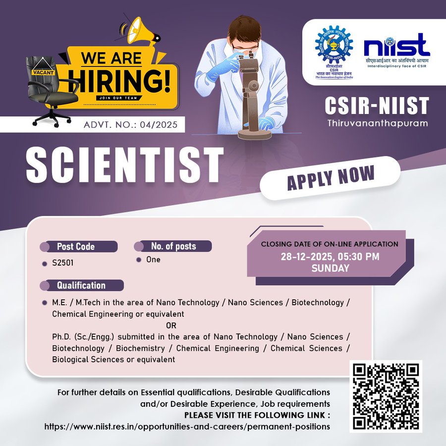 Apply online for scientist position at CSIR-NIIST