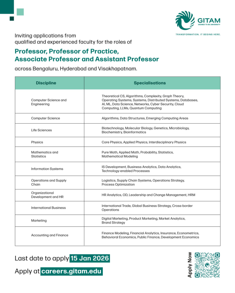 VITAM University hiring faculty - Bangalore, Hyderabad and Visakhapatnam