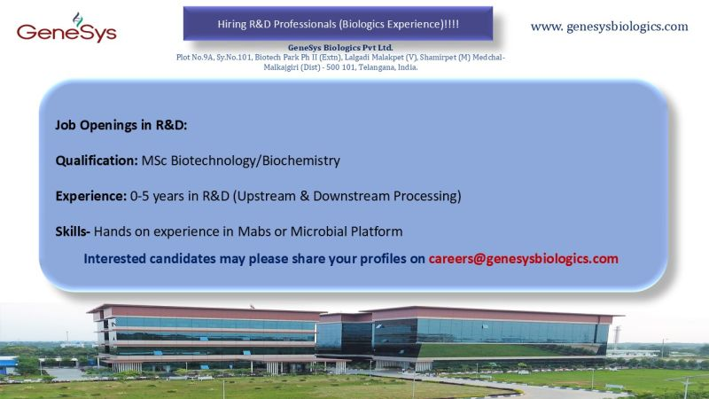 GeneSys hiring MSC Biotech - Freshers/Experienced