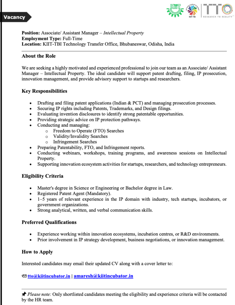 KIIT-TBI TTO is looking for an Associate / Assistant Manager – Intellectual Property