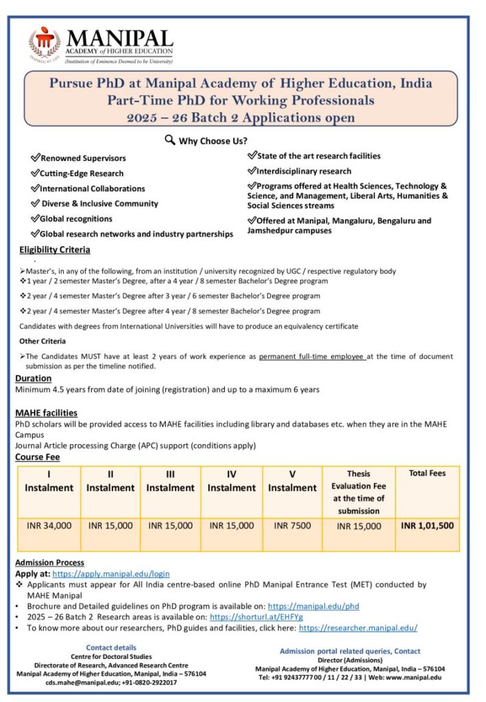 Part-Time PhD program at Manipal Academy of Higher Education