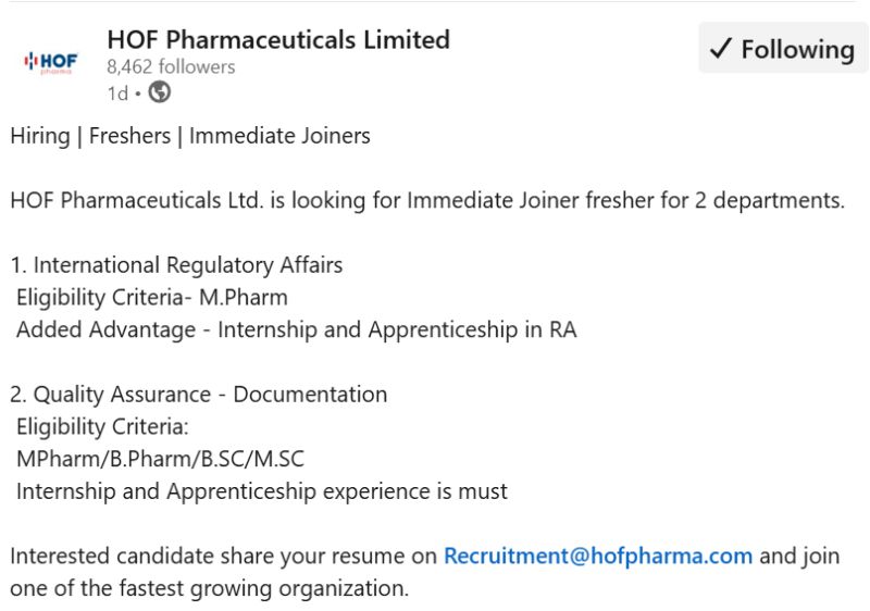 Job Opportunity for Freshers - HOF Pharmaceuticals 