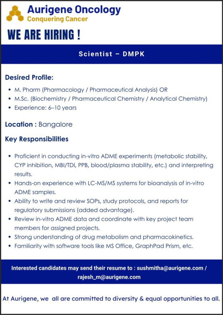 Aurigene Oncology hiring Scientist - DMPK