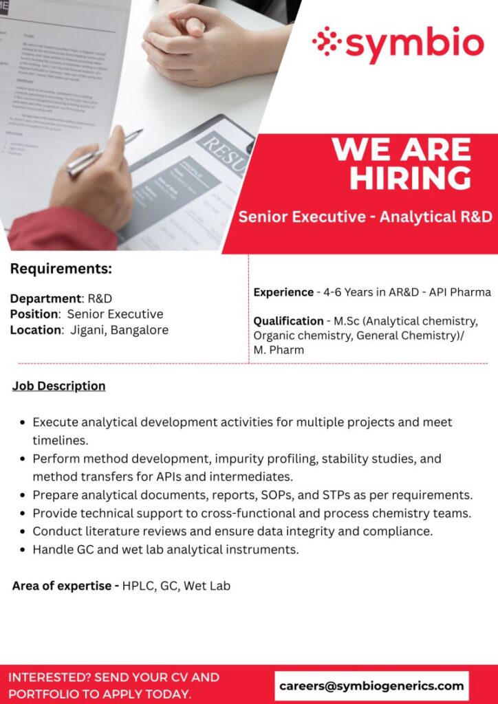 Symbio hiring Senior Executive - Analytical R&D