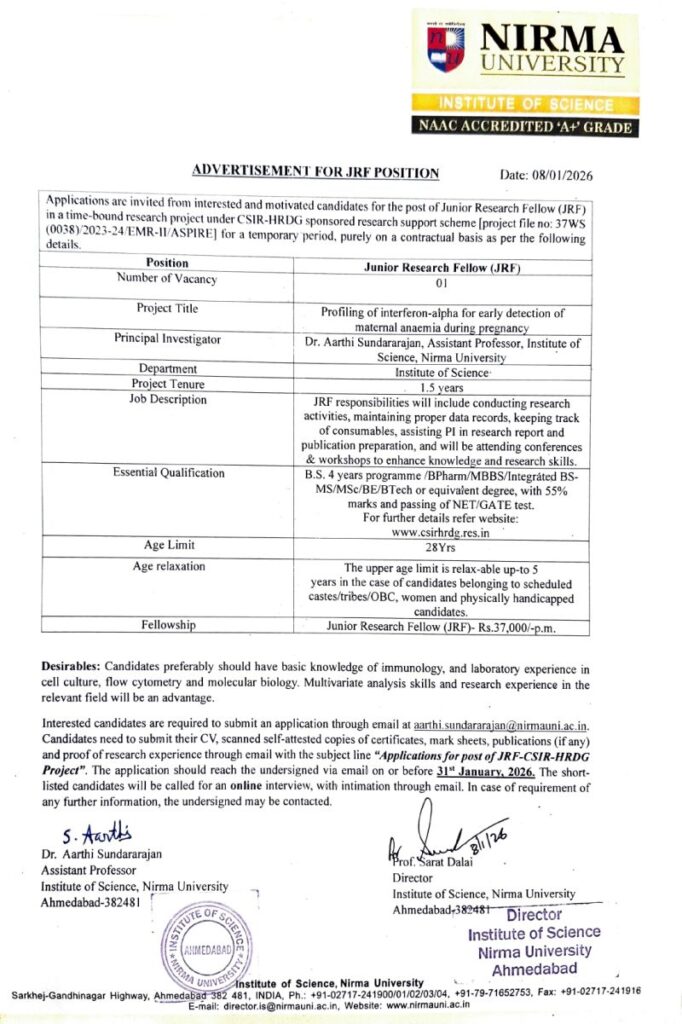 JRF position at Institute of Science, Nirma University