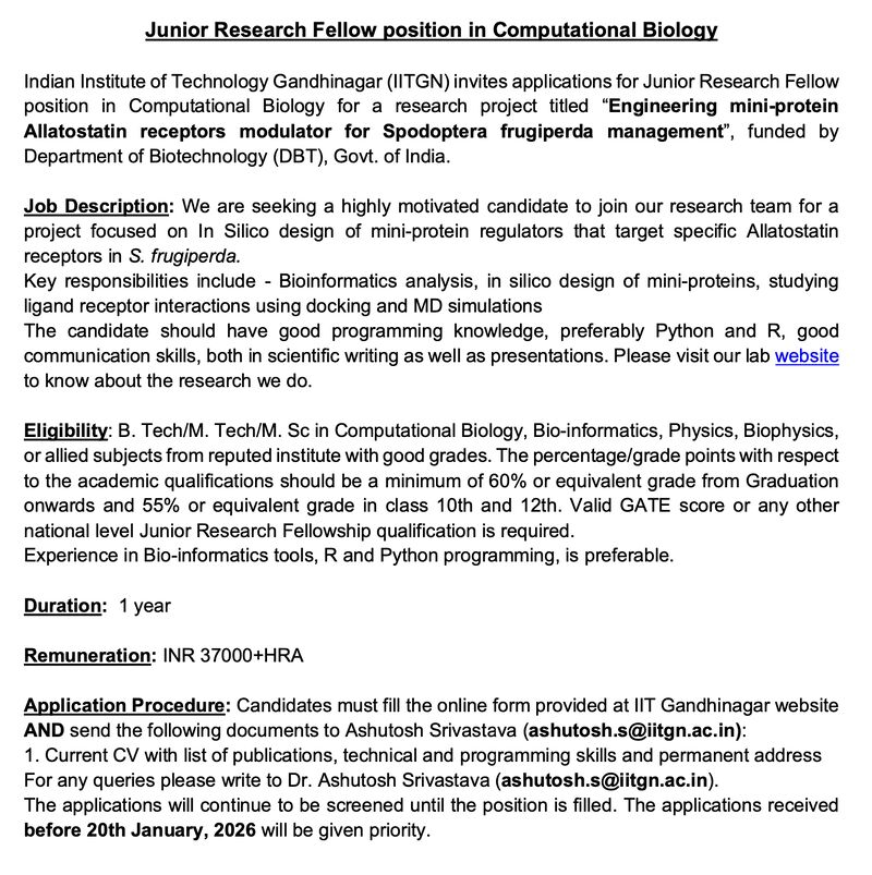 Hiring Junior Research Fellow for a DBT sponsored project - IIT Gandhinagar