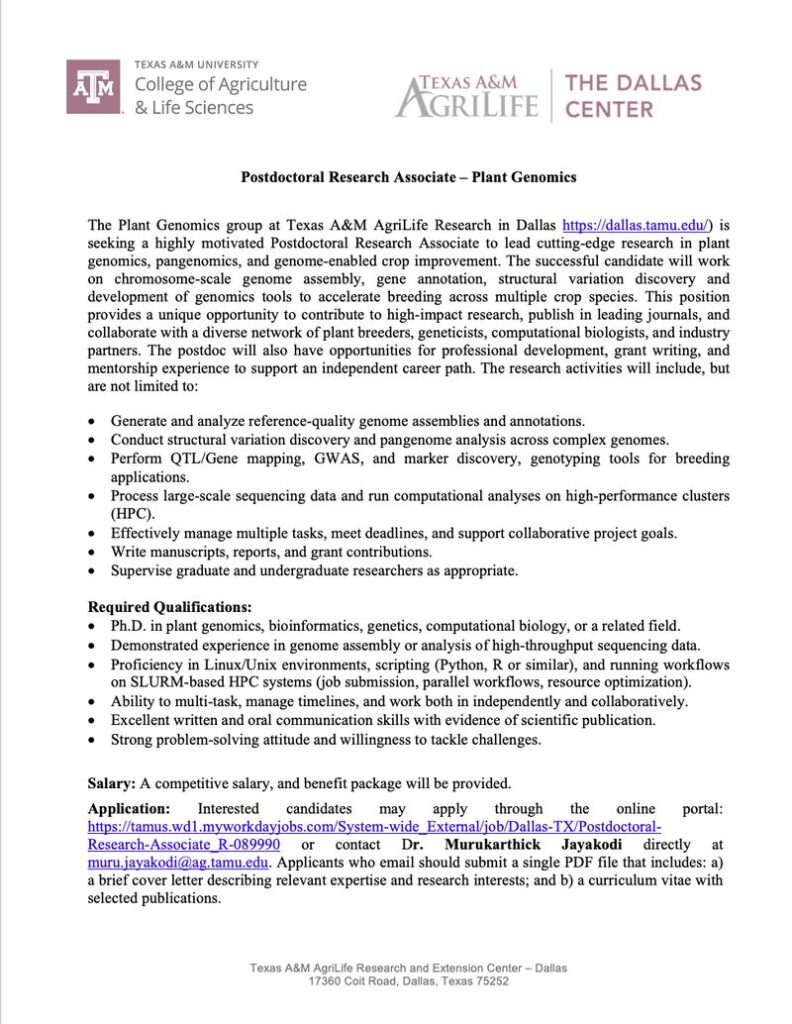 Plant Genomics lab at Texas A&M hiring postdoc