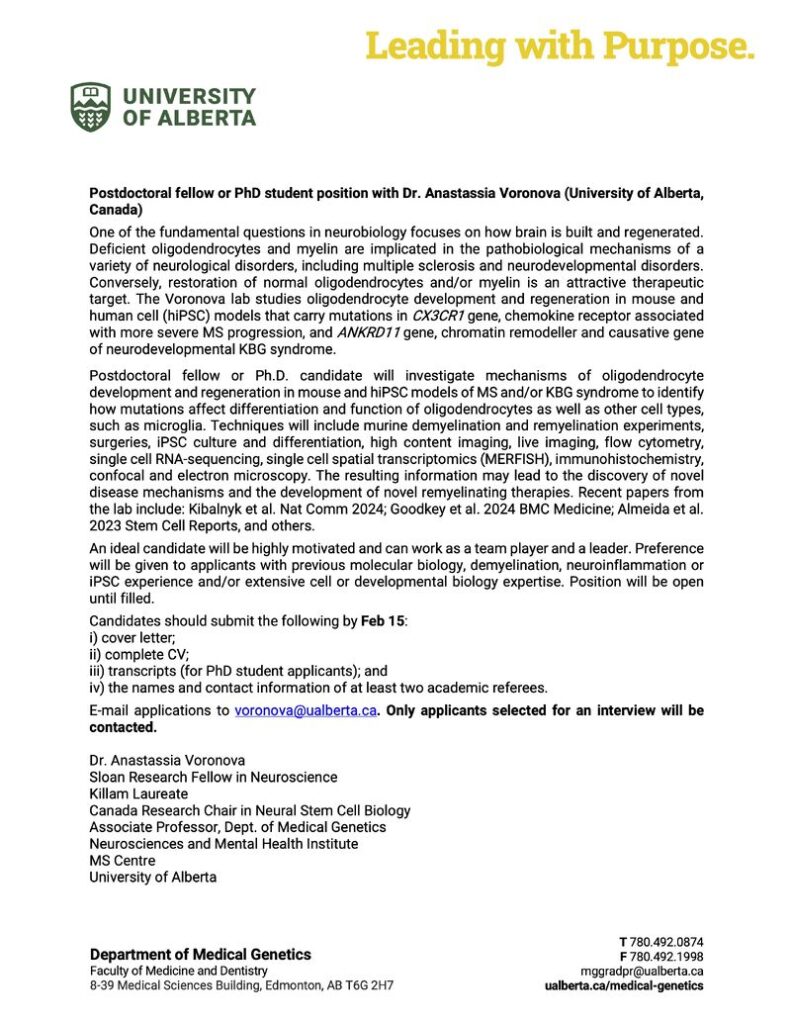 Voronova lab is hiring a postdoctoral scholar and/or PhD student - University of Alberta (Canada)