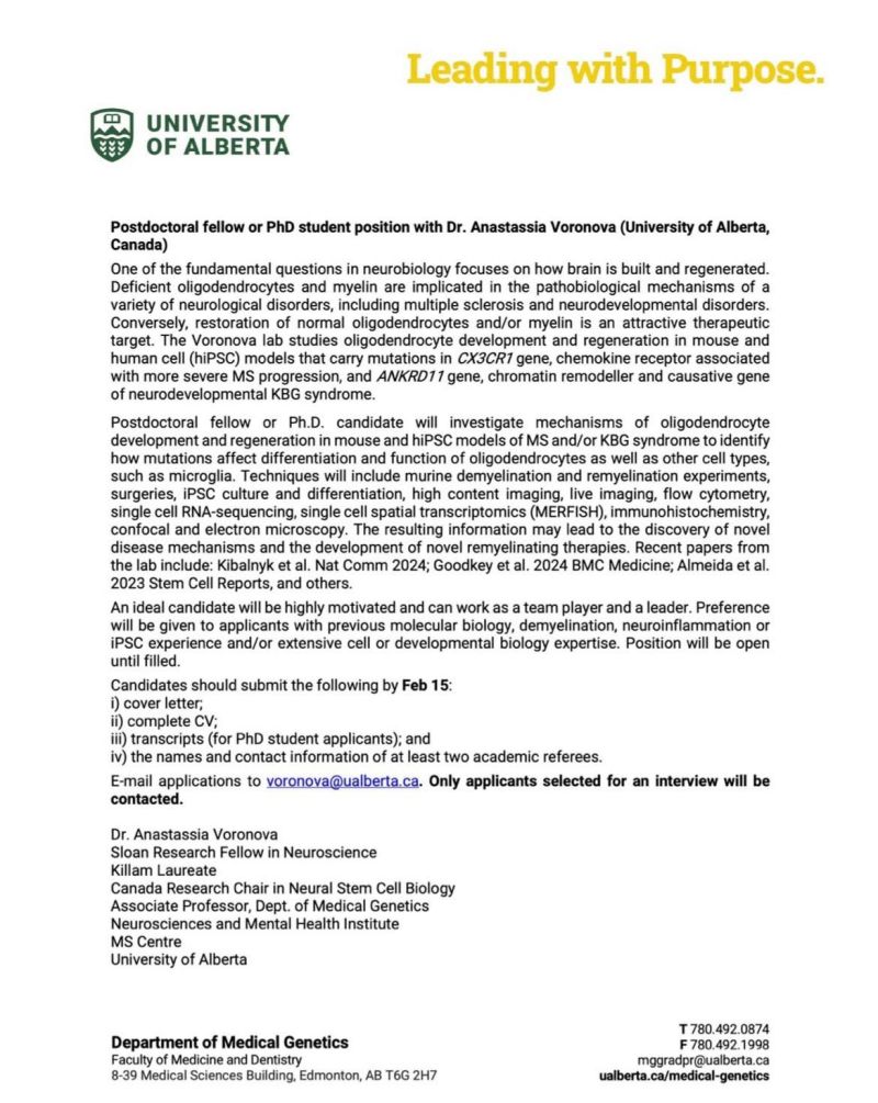 Postdoctoral fellow or PhD student position with Dr. Anastassia Voronova - University of Alberta, Canada