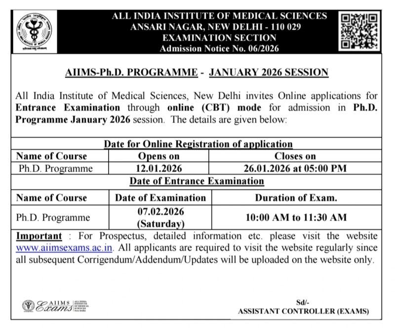 Opportunity for PhD aspirants: AIIMS Ph.D. Programme - Jan 2026