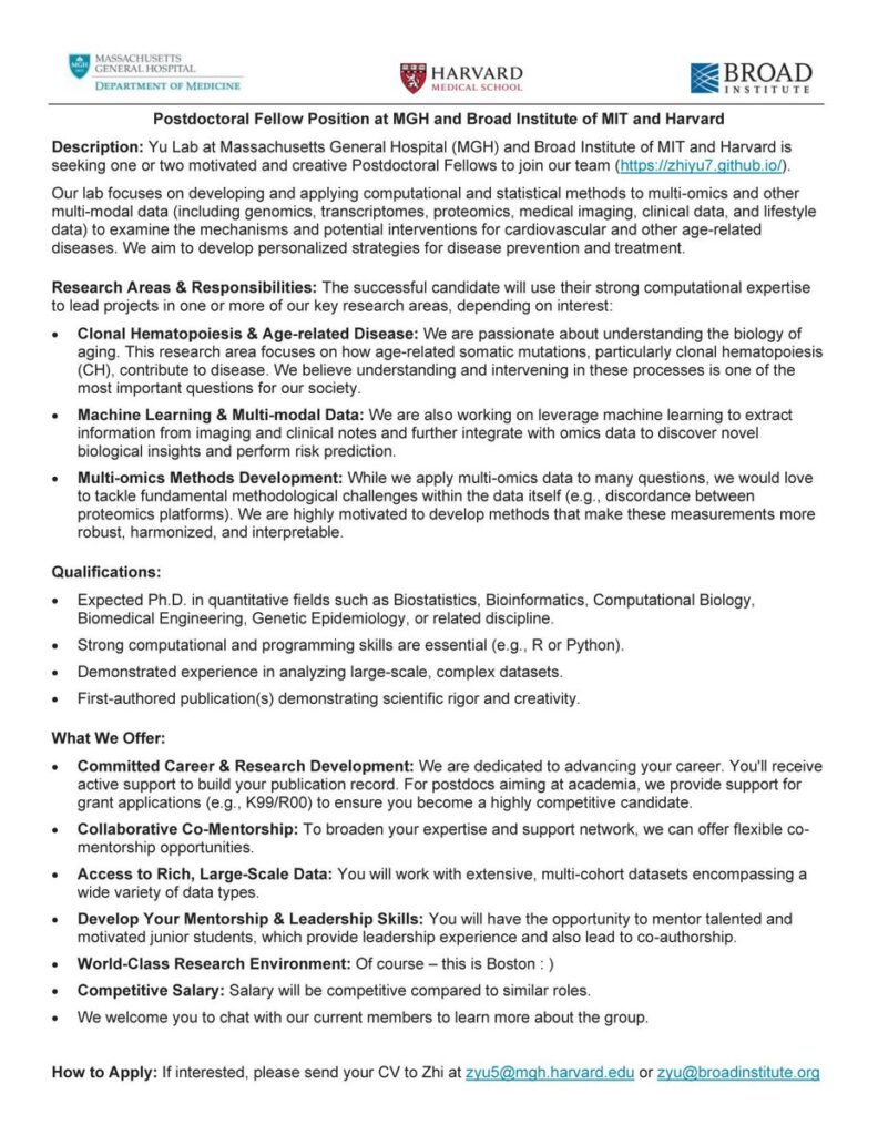 Postdoc Fellow Position at MGHH and Broad Institute - USA