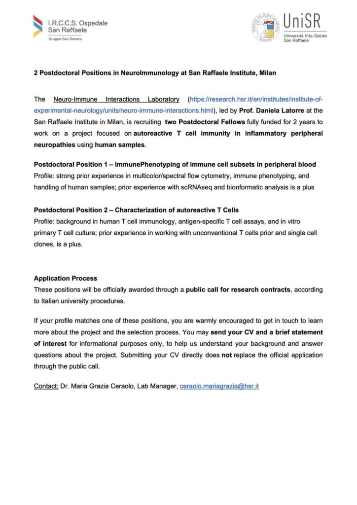 2 Postdoctoral Positions in NeuroImmunology - Italy