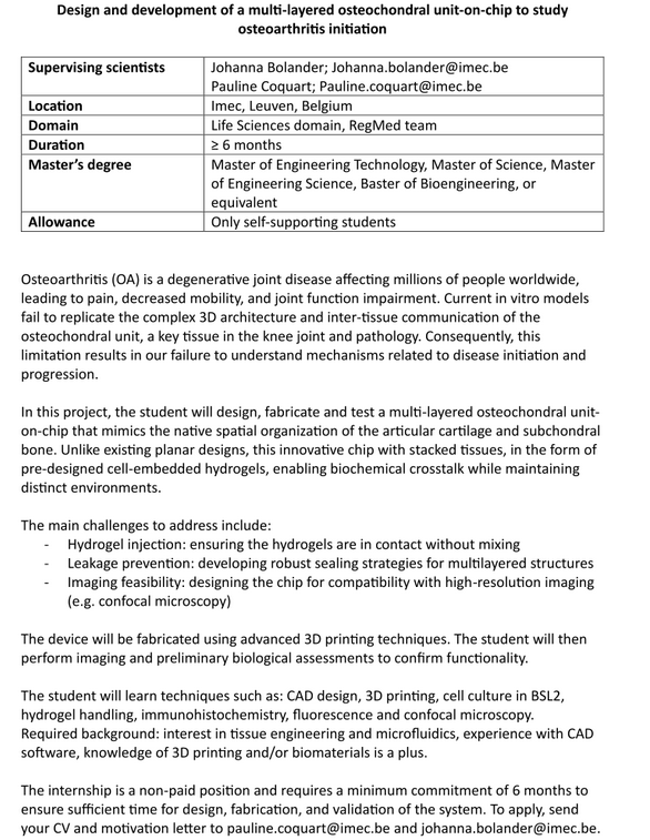 6 months Internship in tissue engineering, microfluidics, and 3D printing - Belgium