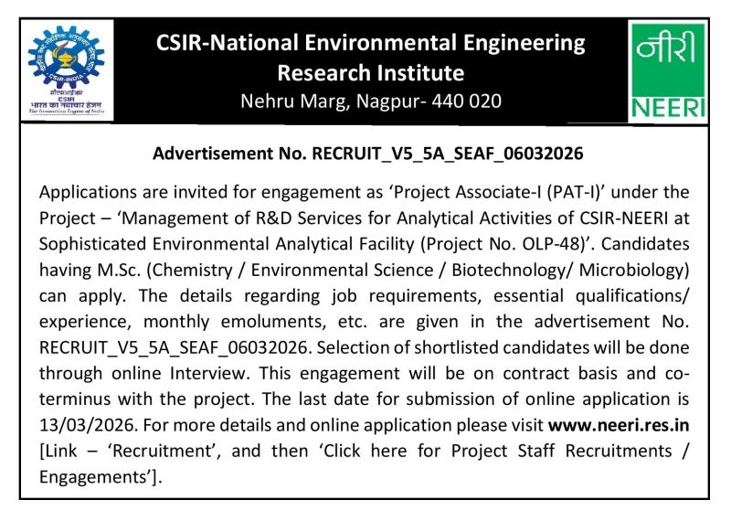 CSIR-NEERI Nagpur hiring for Project Associate