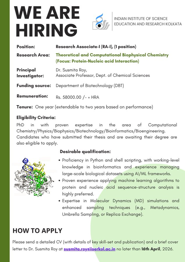 Research Associate-1 (RA-1) - Department of Chemical Sciences at IISER Kolkata