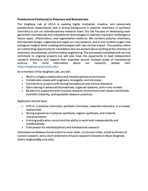 Hiring postdoctoral researchers with a strong background in polymer or synthetic chemistry - UCLA