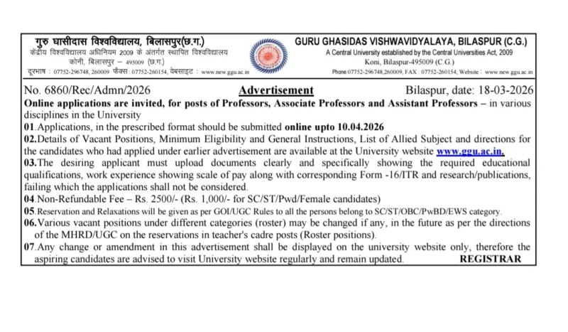 Guru Ghasidas University hiring for 32 Faculty Posts