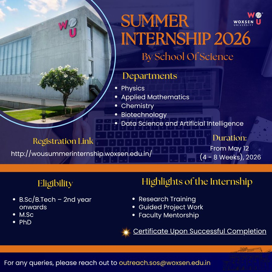Woxsen School of Sciences invites applications for Summer Internship 2026