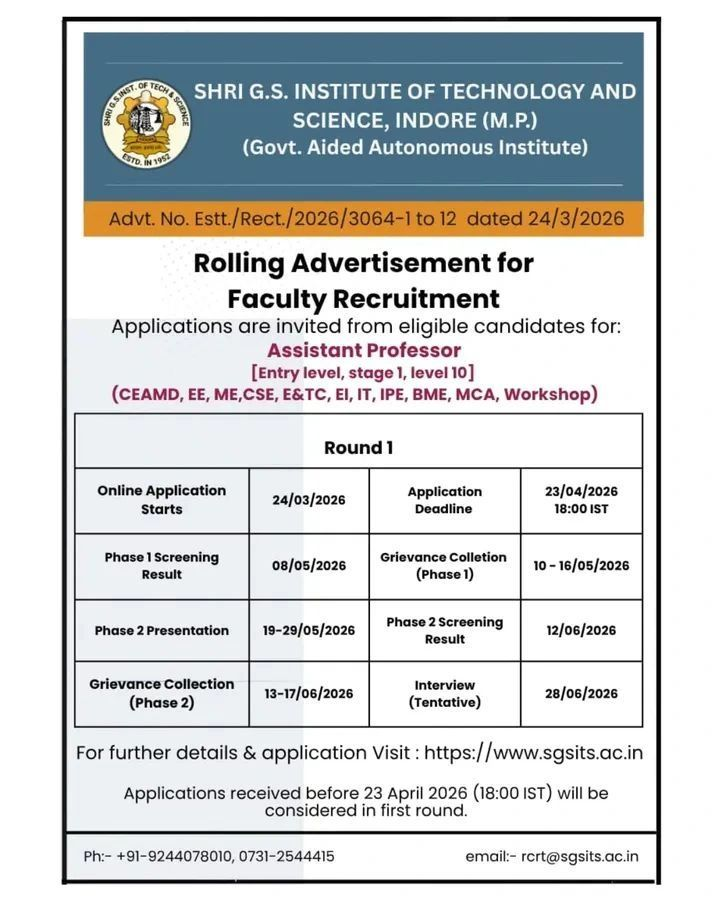 Faculty Recruitment (Asst. Prof.) - Shri Govindram Seksaria Institute of Technology and Science (SGSITS), Indore