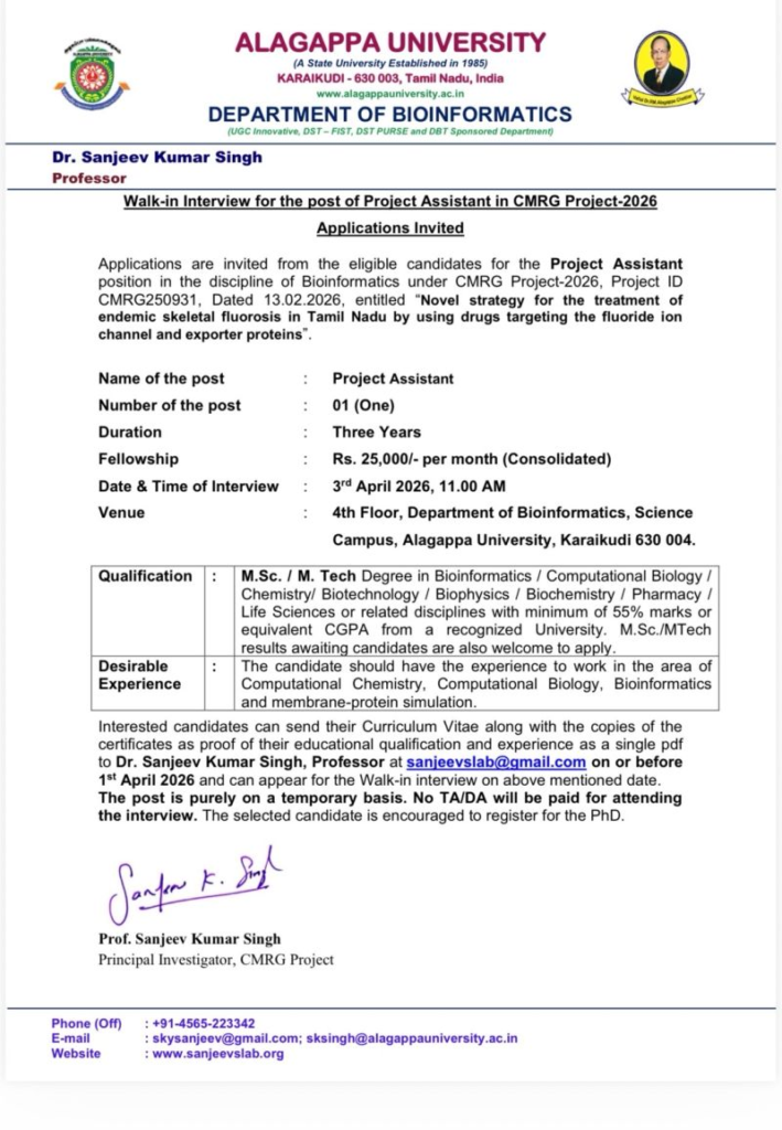 Project Assistant in CMRG project - Alagappa University