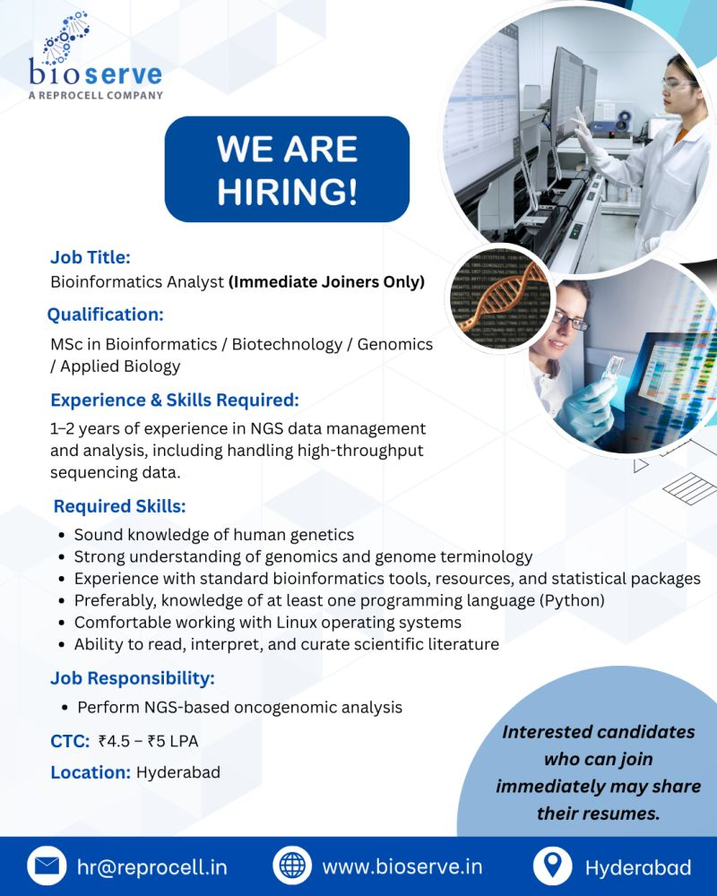 Hiring Bioinformatics Analyst - Immediate joiners - Hyderabad