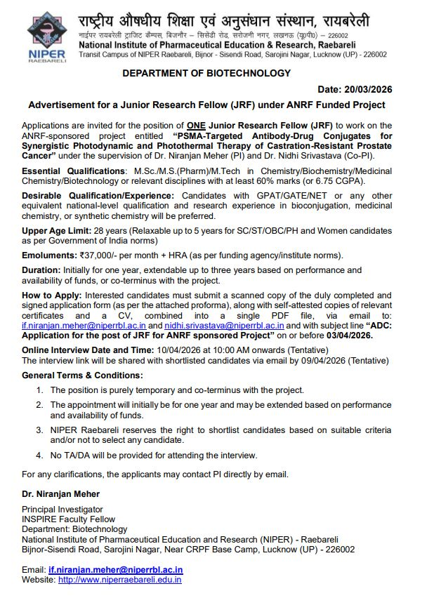 Junior Research Fellow (JRF) at NIPER Raebareli